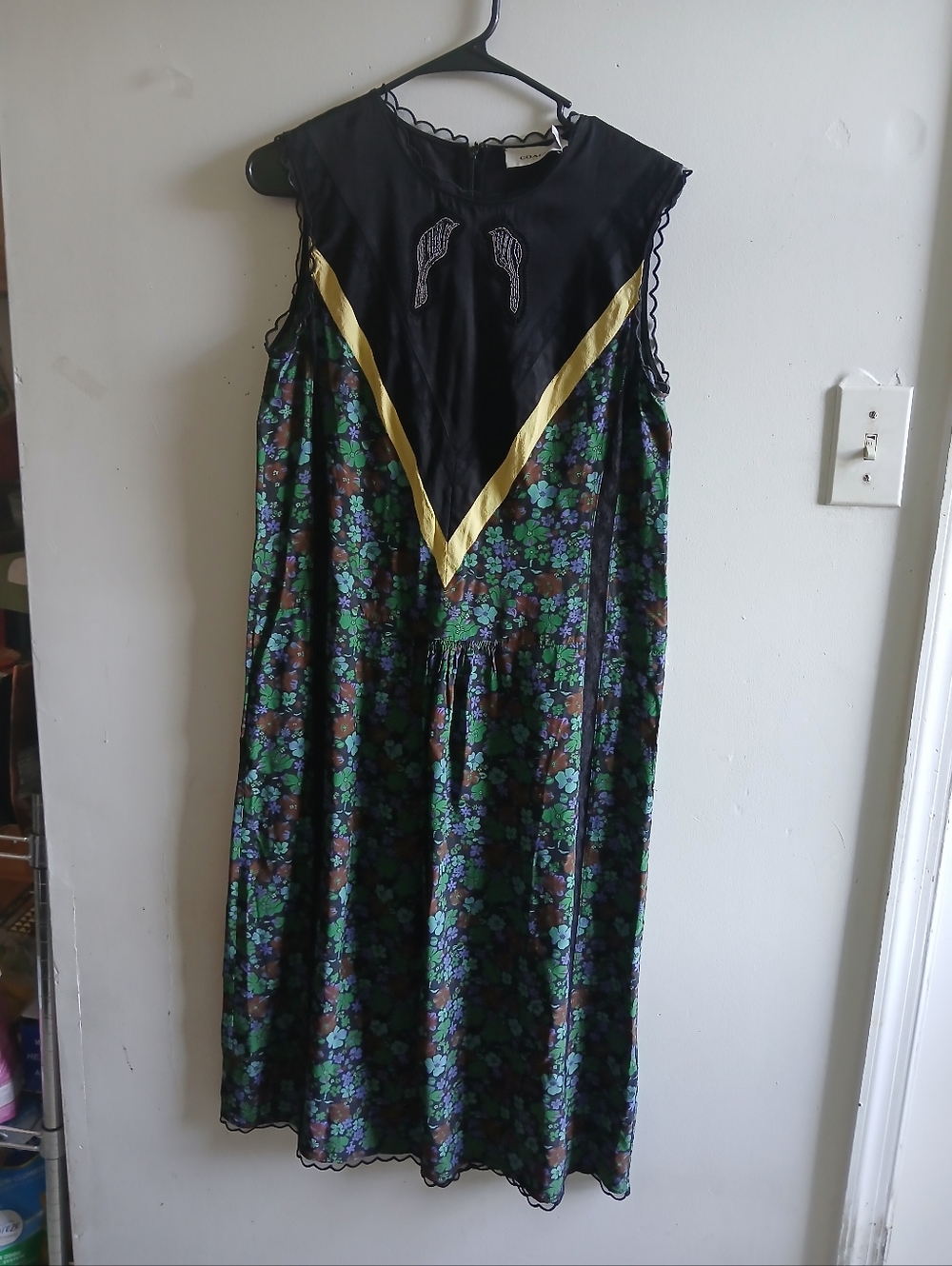 Coach Black Midi Dress with Green Floral Print and Gold V-Trim